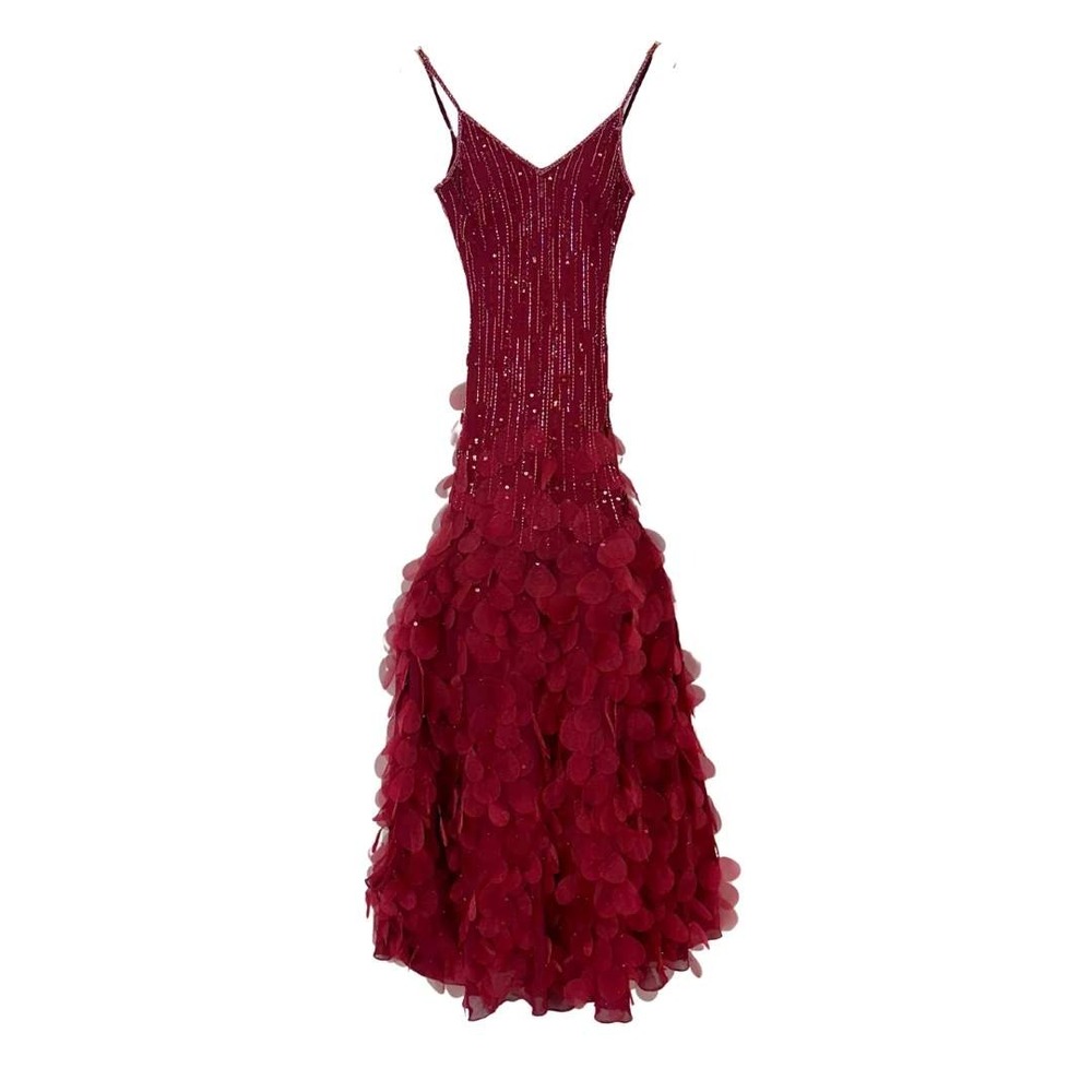 RARE Sue Wong Nocturne Red Gown 6 Red Beaded Petal Silk Dress Y2k 2000s Maxi - Picture 9 of 10